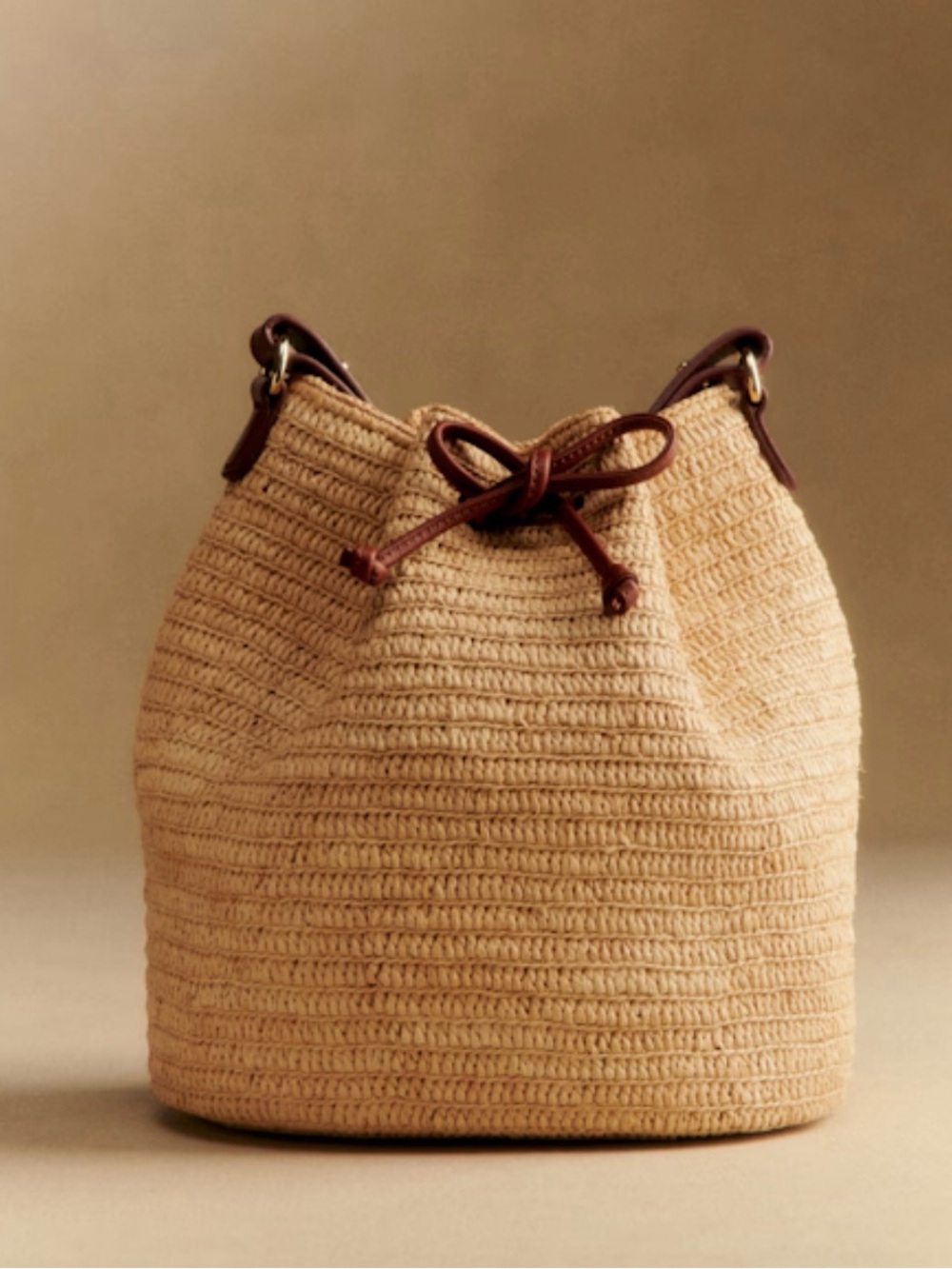 Sezane Natural Crochet Bucket Hobo with Brown Trim and Drawstring
